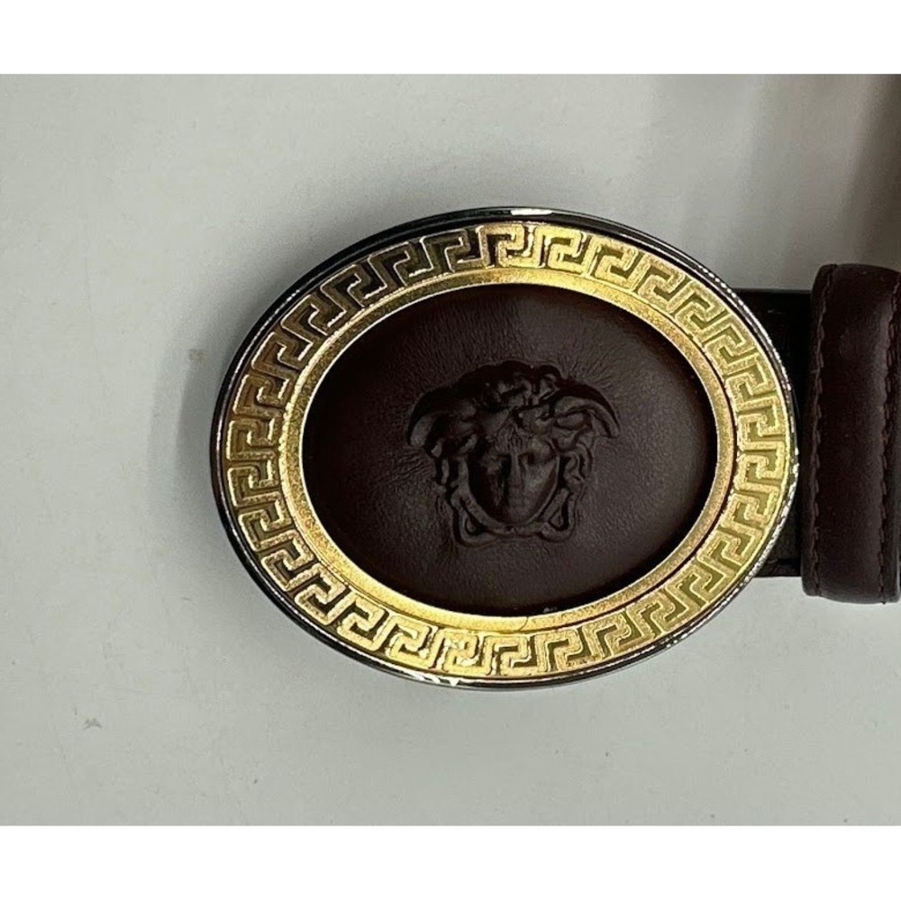 Versace Medusa Head Greek Key Oval Buckle Burgundy Leather Belt DCU 4409 90/36‎